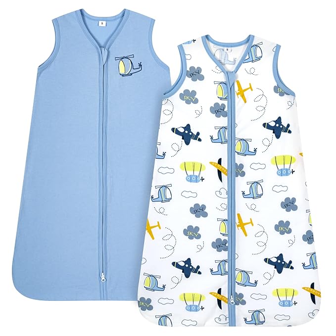 TILLYOU 2 Pack Infant Sleep Sack 0-6 Months 100% Cotton Wearable Blanket 0.5 TOG Sleeveless Summer Sleep Sacks with 2-Way Zipper, Sky Adventure & Sky Blue