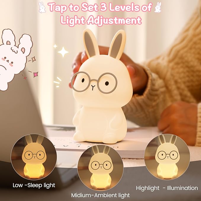 FAMIDUO Bunny Night Light, Rabbit Lamp for Kids, Rechargeable LED Nightlight for Easter Gift,Silicone Bedside Lamp with Touch Color Changing,3 Levels Dimmable/Timmer Nursery Bedroom Light,Room Decor
