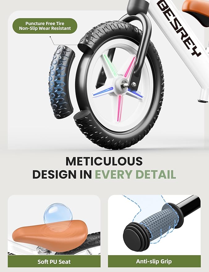 besrey Toddler Balance Bike 2 Year Old, All-Metal Frame | 12" Motion-Activated Lighting Wheels | All-Terrain | Kids Bike with Padded Adjustable Seat | Gift Bike for Boys Girls 2 3 4 5 Years Old