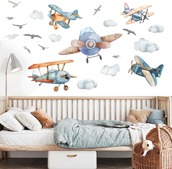 Amimagen Airplane Wall Stickers - Aircrafts Wall Decals - Kids Baby Boys Nursery Children Daycare Bedroom Playroom Wall Decor