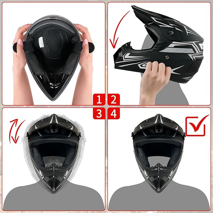 Youth Kids Motocross Helmet, Adult ATV Dirt Bike Helmet with Goggles Gloves & Mask Quick, Full Face Motorcycle Helmet with Quick Release Buckle DOT Certified