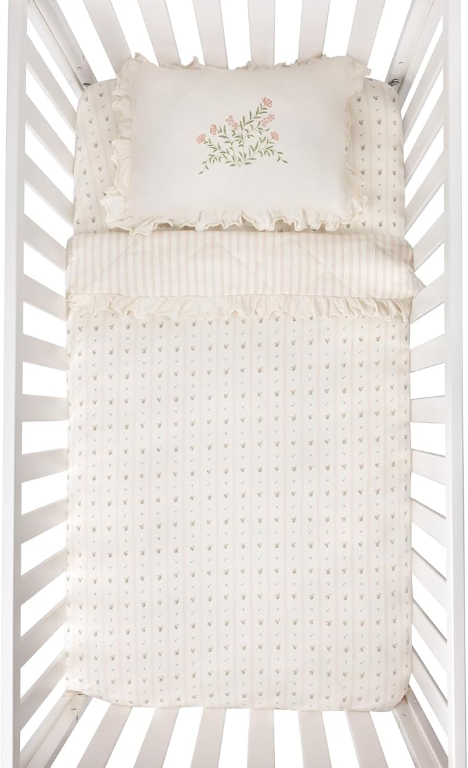 Ely's & Co. Mini Crib Bedding Set for Girls, 4 Piece Set Includes – 1 Fitted Mini Crib Sheet, Quilted Comforter and Decorative Pillowcase with Insert, Pink Linear Floral Collection