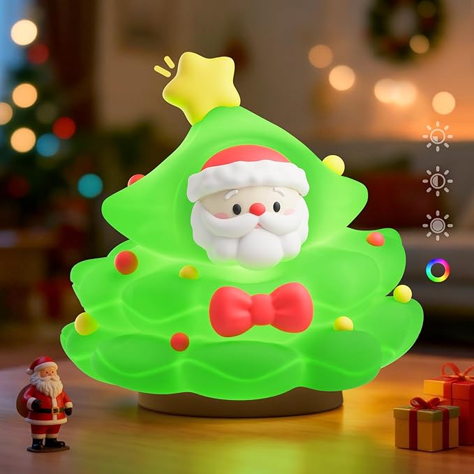 ICARER FAMILY Christmas Tree Night Light, Touch Control LED Lamp, Silicone Green with Yellow Star, USB Rechargeable, 3 Brightness with Auto-Off Feature, Indoor Bedroom Decor