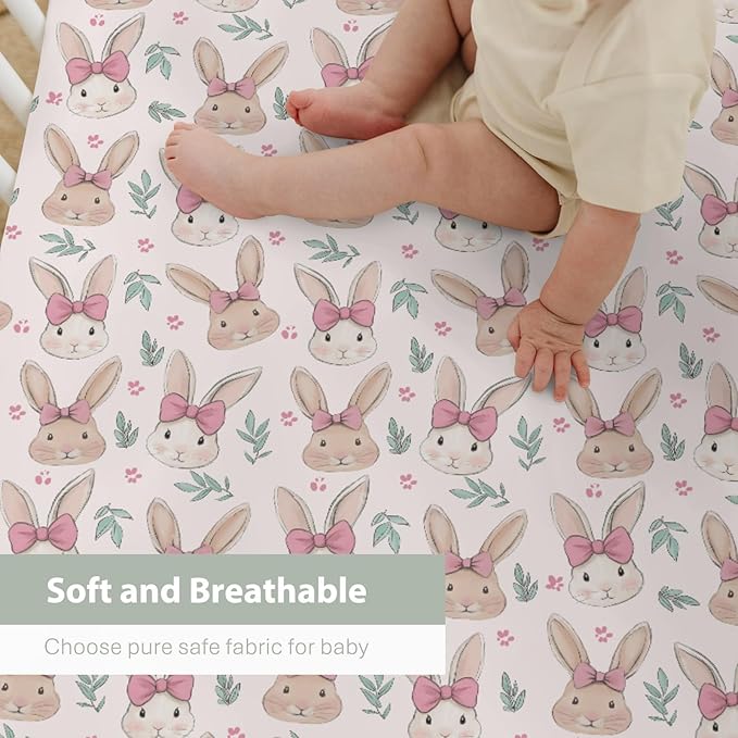 Easter Bunnies Pink Bows Baby Crib Sheets for Boy Girl 52"x28" Cute Rabbit Leaves Soft Stretchy Fitted Crib Mattress Cover Spring Garden Animal Baby Sheet for Standard Crib and Toddler Bed Mattress
