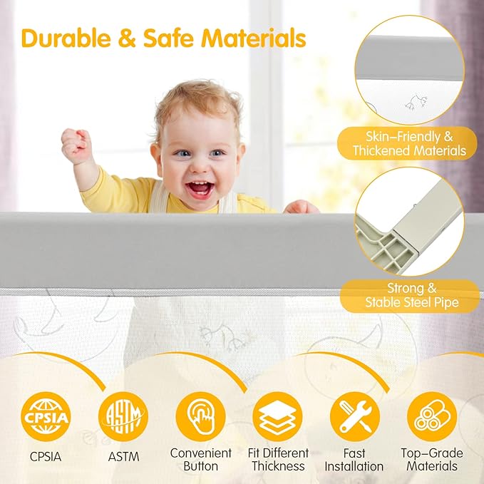 BABY JOY Bed Rails for Toddlers, 70'' Extra Long, Height Adjustable Kids Rail Guard w/Double Safety Lock for Convertible Crib, Folding Baby Bedrail for Twin Double Full Size Queen King Mattress, Gray
