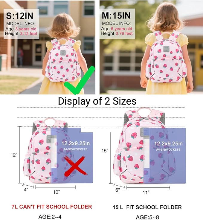 CAMTOP Toddler Backpack for Boys Girls 2-4, Kids Backpacks for Kindergarten Preschool, 12" H Small Bookbag for Daycare Travel (Pink Strawberry, 12''- Not fit A4 folder)