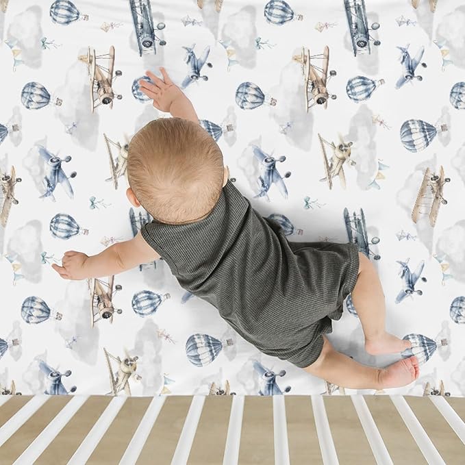 Vintage Planes Airplanes Helicopters Baby Crib Sheets Boy Girl 28"x52" Hot Air Balloon Plane Clouds Sky Soft Stretchy Fitted Crib Mattress Cover Baby Sheet for Standard Crib & Toddler Mattress Pad