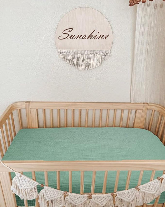 Mini Crib Sheets for Baby, Fitted Pack N Play Mattress and Mini Cribs 24" x 38", Neutral Muslin Cotton Mini Crib Mattress Sheet with Boho Style, Soft and Breathable Comfort (Roman Green)