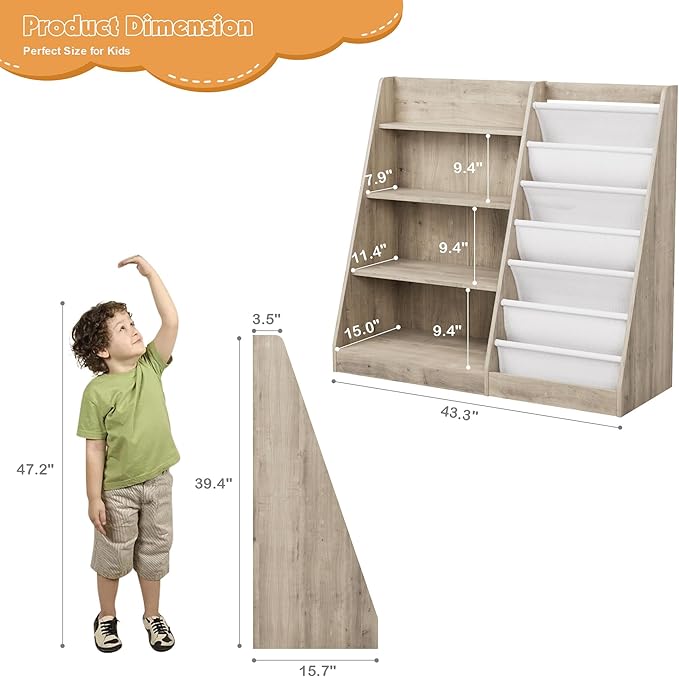 HedoAjim Kids Bookshelf Wood Toy Storage Organizer Cabinet Children Bookcase Toddler Baby Sling Book Rack Adjustable Shelf for Playroom Bedroom Nursery Hallway School Kindergarten