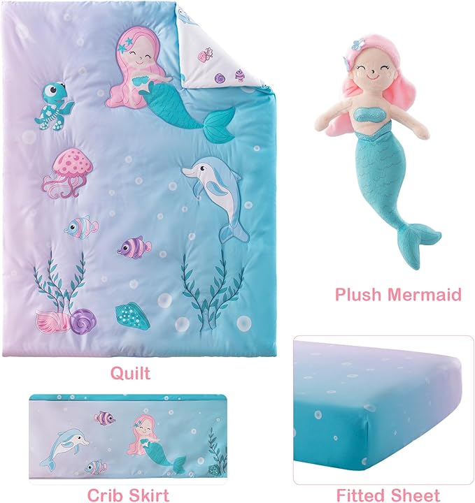 4 Pieces Crib Bedding Set for Baby Boys Girls, Infant Toddler Nursery Baby Bedding Sets Includes Cartoon Quilt, Fitted Crib Sheet, Crib Skirt and Plush Mermaid Toy