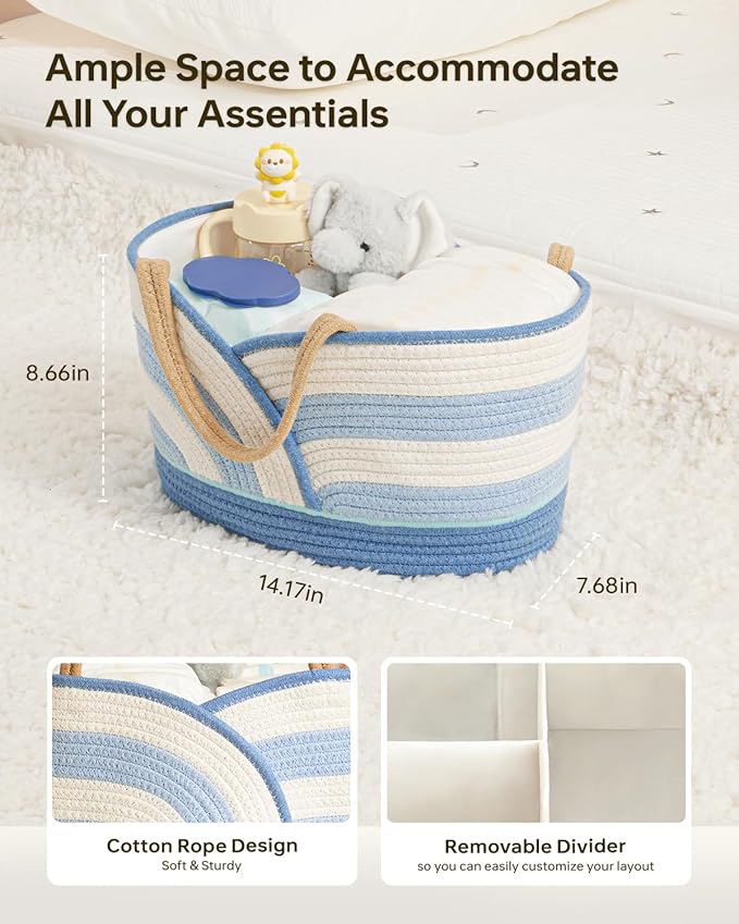 Babygreat Baby Diaper Caddy Organizer - Portable Cotton Rope Diaper Caddy Basket for Nursery, Gift for Baby Shower List, Storage for Diapers, Wipes, Toys & Newborn Essentials (Blue/White)