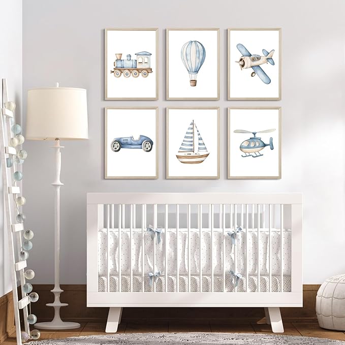 Baby Boy Nursery Wall Art Transportation Blue Car Canvas Prints Vintage Toddler Vehicle Pictures Decor Hot Air Balloon Airplane Nursery Poster for Kids Boys Room Bedroom 12x16x6 Inch Framed