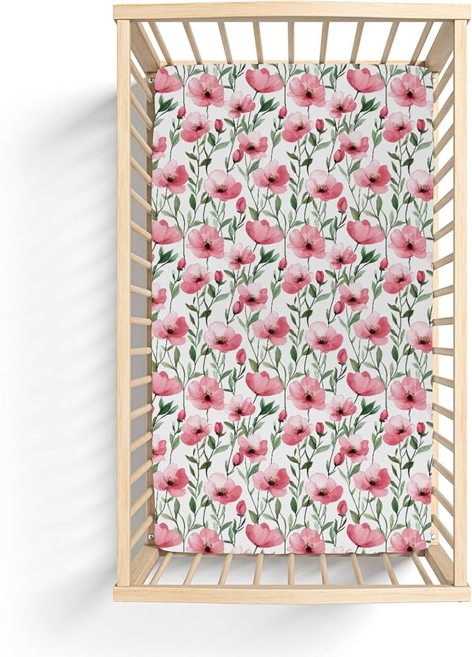 Watercolor Red Poppies Baby Crib Sheets for Boy Girl 28"x52" Vintage Poppies Flowers Soft Stretchy Fitted Crib Mattress Cover Spring Summer Baby Sheet Fits for Standard Crib and Toddler Mattress