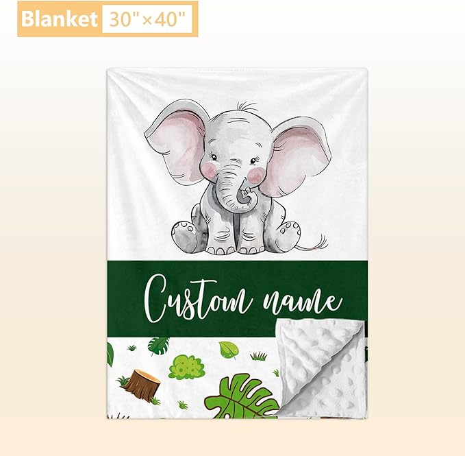 Personalized Baby Bedding Set, 3 Pcs Custom Name Crib Bedding Set for Nursery, Soft Double Layer Baby Crib Set for Boys Girls, Customized Gifts for New Parents Toddler Infant, Green Elephant