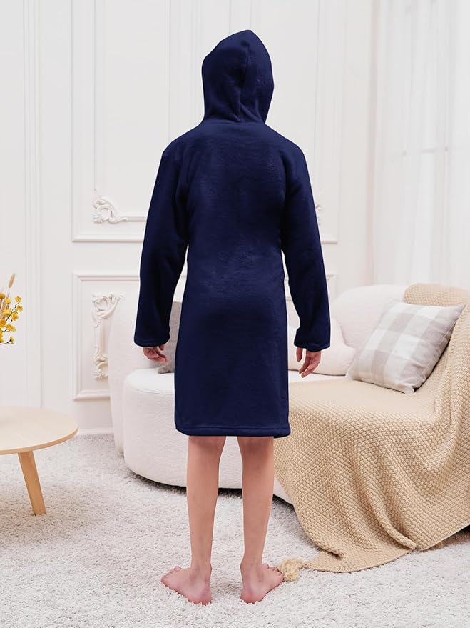 Umeyda Boys Girls Robes, Soft Fuzzy Fleece Hooded Bathrobes with Belt and Pockets for Kids, 1-18 Year