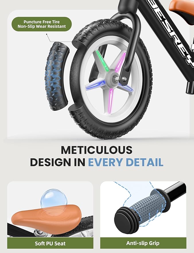 besrey Toddler Balance Bike 2 Year Old, All-Metal Frame | 12" Motion-Activated Lighting Wheels | All-Terrain | Kids Bike with Padded Adjustable Seat | Gift Bike for Boys Girls 2 3 4 5 Years Old
