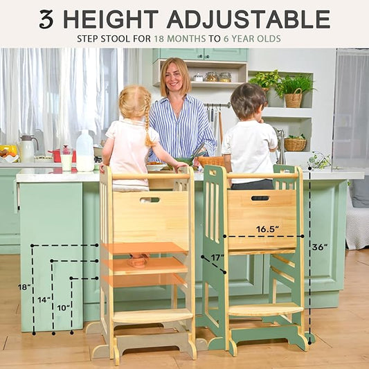 WINGYZ Toddler Tower – Adjustable Step Stool Helper for Kids 18M–6Y, Kitchen Learning Stool with Safety Rail, 3-Height Adjustable, Sliding Door, Full Support Foot, Wooden Updated Design, Green