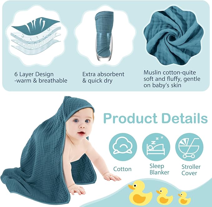 Peryiter 4 Pcs Muslin Hooded Baby Towels, 32x 32'' Cotton Newborn Bath Towel Muslin Infant Baby Blankets Absorbent Unisex Christmas Registry Gift Essentials for Girls Boys (Green Series)
