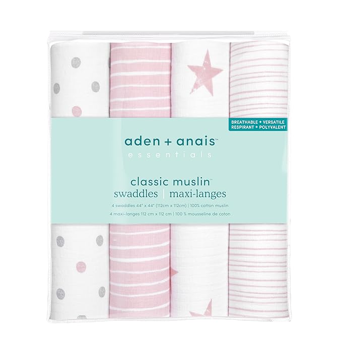 aden + anais Essentials Muslin Swaddle Blankets for Baby Girls and Boys, Newborn Receiving Blanket for Swaddling, 100% Cotton Baby Swaddle Wrap, 4 Pack, Doll