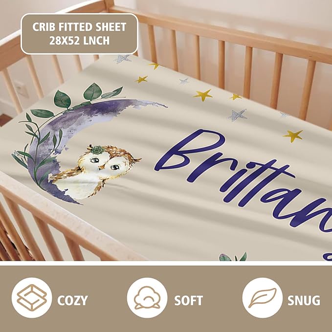Personalized Crib Bedding Set for Boys Girls, Custom Baby Crib Sets with Name, Purple Owl Design Nursery Bedding 2 Piece - Soft Blanket with Double Layer Dotted Backing, Crib Fitted Sheet