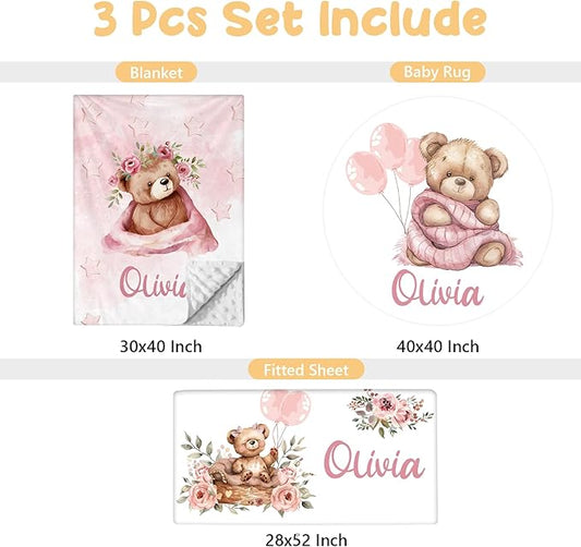 Personalized Baby Crib Bedding Set, 3 Pcs Custom Nursery Bedding Set with Name, Soft Double Layer Baby Crib Set for Girls Boys, Customized for Toddlers Infants, Pink Bear