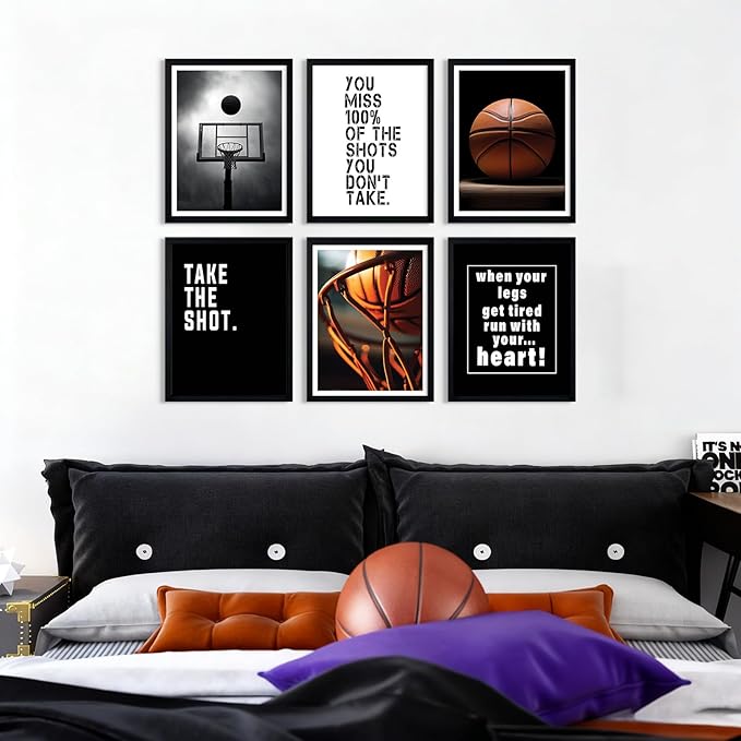 Basketball Wall Art Sports Canvas Poster Boys Room Wall Decor Inspirational Basketball Prints Motivational Quote Pictures Teen Sports Painting Black White Artwork for Kids Bedroom 8x10 Inch Unframed