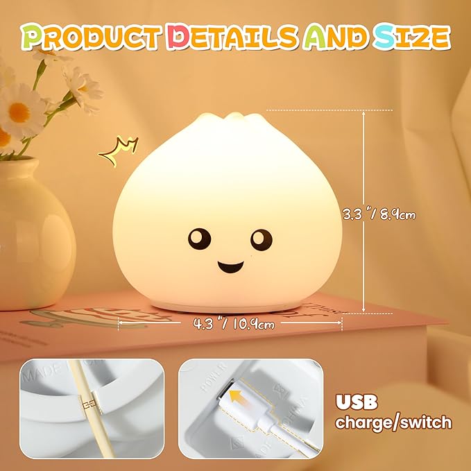 loatme Night Light for Kids, Rechargeable Dimmable Silicone LED Nightlight with 7 Colors, Baby Nursery Night Lamp, Touch Squishy Lamp, Cute Gifts for Girls, Boys, Toddler Room Decor, Dumpling