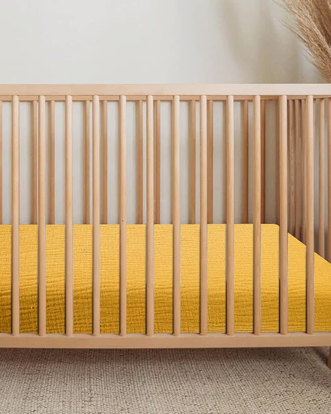 Crib Sheets for Boys Girl, Fitted Baby Toddler Bed Sheets 28" x 52", Neutral Muslin Cotton Crib Mattress Bedding Soft and Breathable Comfort (Mustard Yellow)