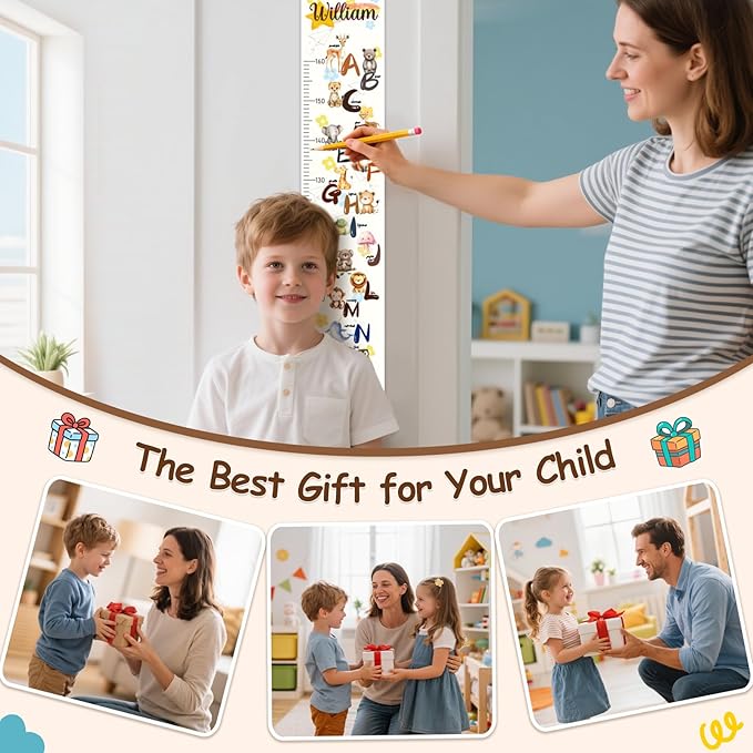 Personalized Name Baby Height Growth Chart Wall, Alphabet and Animal Canvas Growth Chart for Wall Removable, Waterproof Growth Ruler for Wall Toddler Wall Decor