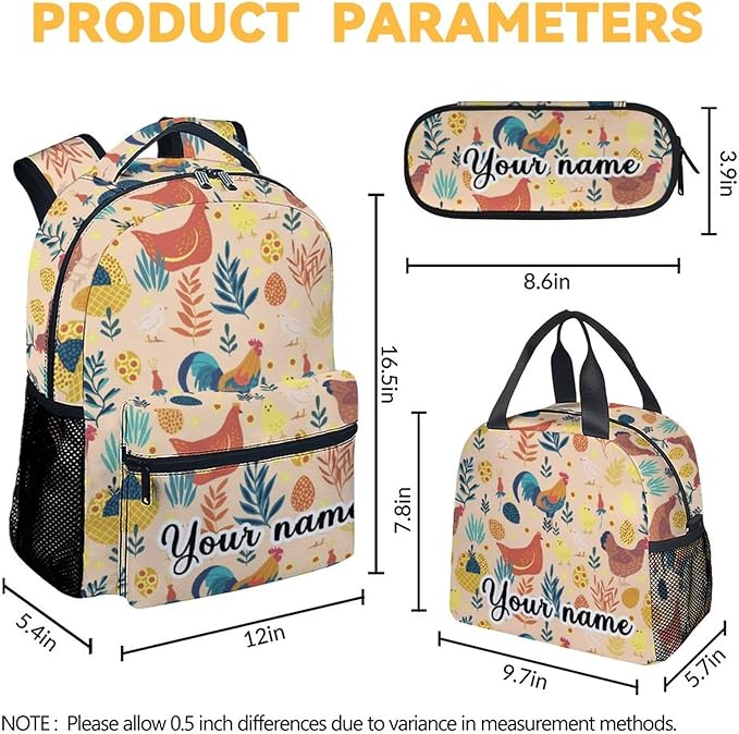 COOPASIA Personalized Chicken Backpack with Lunch Box and Pencil Case, 16 Inch Chicken Theme Bookbag with Adjustable Straps, Durable, Lightweight, Large Capacity, School Backpack for Girls Women