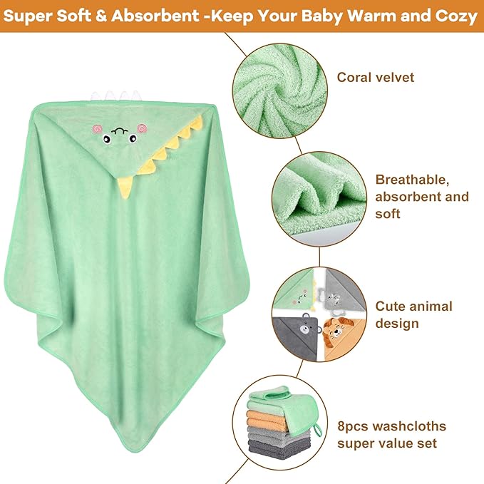 CandyHome 12 PCS Baby Bath Towels Set for Infants Toddlers, 4 PCS Animal Hooded Baby Towels & 8 PCS Washcloths Set, Ultra Absorbent Cute Soft Newborn Essentials Gift for Boys & Girls