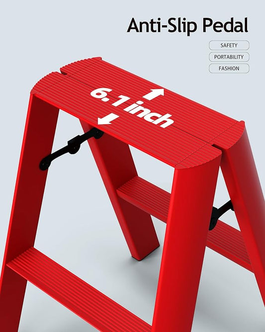 HillhutApex 2 Step Stool, Aluminum Foldable Step Ladder, Lightweight Stable Stool with Non-Slip Pedals, 330lbs Capacity Stylish Ladder for Office,Home,Kitchen -Red