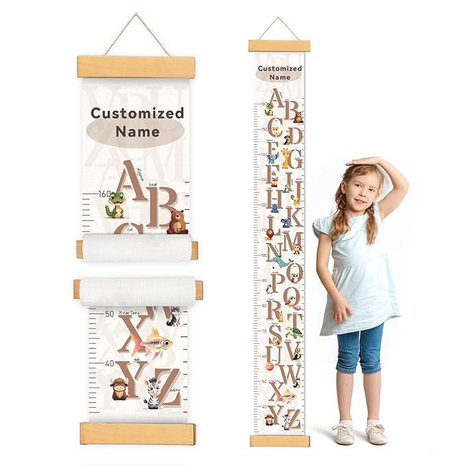 Woodemon Customize Name Growth Chart Wall, Cute Letters Canvas Height Chart for Kids, Height Indicator Tape Ruler Growth Chart Decor, Toddler Room Decoration, Baby Measuring Board