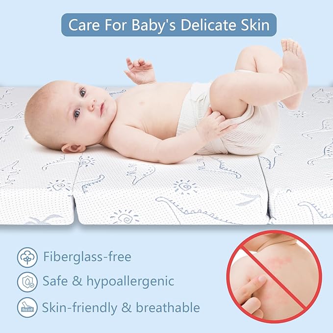 Mochen Trifold Pack and Play Mattress 38x26 Dual-Sided Pack n Play Memory Foam Mattresses Pad with Removable Dinosaurs Cover & Travel Bag, Portable Baby Mattress for Pack N Play