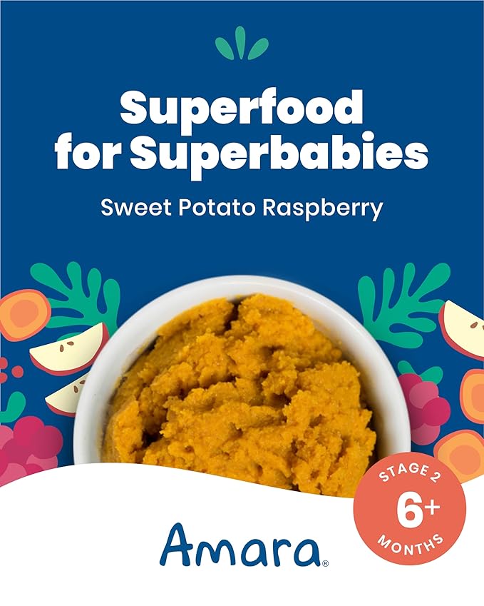 Amara Organic Baby Food - Stage 2 - Sweet Potato Raspberry - Baby Cereal to Mix With Breastmilk, Water - Baby Food Pouches Made from Organic Fruit and Veggies - 10 Pouches, 3.5oz Per Serving