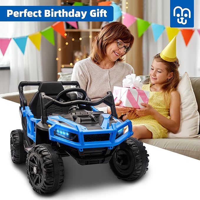 24V Kids Ride on Truck Car Remote Control, Twin 55W Motors 4MPH Max Speed Off-Road UTV, Bluetooth Music, Suspension System Safety Belt, Electric Vehicles Gift for Boys & Girls-Blue