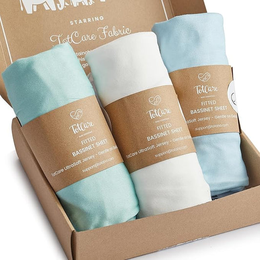 Bassinet Fitted Sheets for Dream on Me Traveler Portable Bassinet & Skylar, Seashell Bedside Sleeper - Buttery Soft, Premium Stretchy Jersey Knit Sheets - Sky + Sage + Cloud, 3 Pack