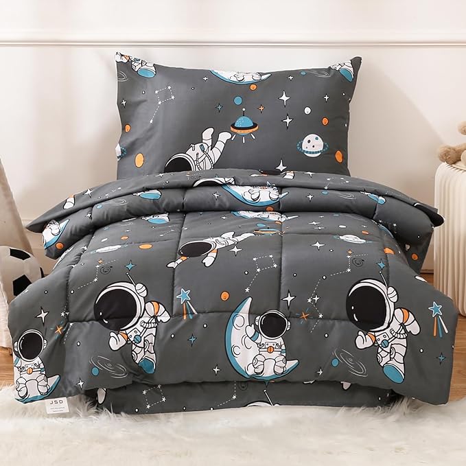 JSD Grey Astronaut Toddler Bedding Set, 4 Piece Space Theme Bed-in-a-Bag Comforter Sheet Set, Machine Washable