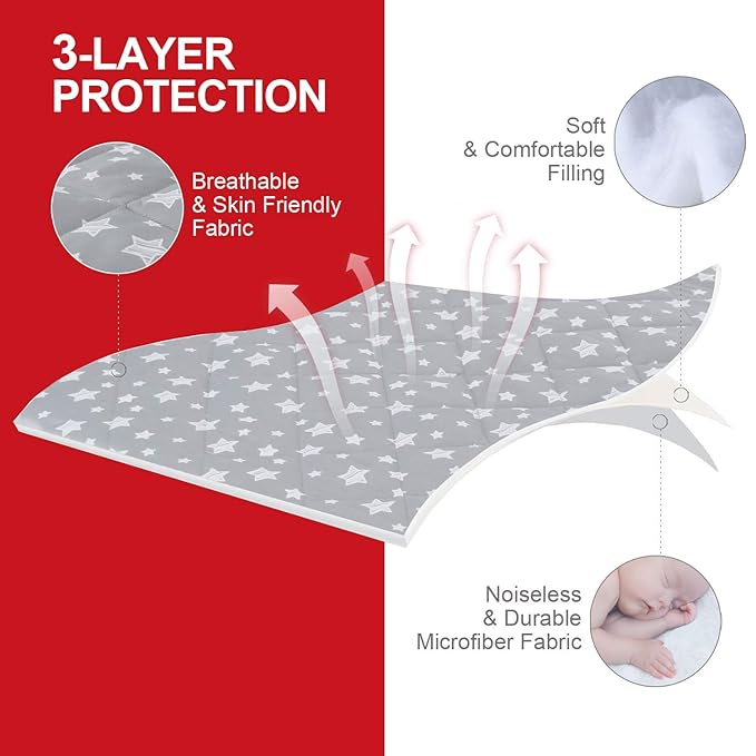 Pack and Play Sheets Fitted 2 Pack, Compatible with Graco Pack n Play, Soft and Breathable Playpen Sheets 39"×27"×5", Gray Star&Black Star