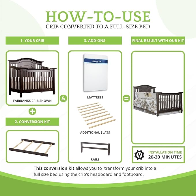 Full-Size Conversion Kit Bed Rails for Evolur Cribs - Solid Wood Crib Convertible Kit to Kids Bed - Transitional Style Rails & Easy-to-Install Child Essentials for Safety (Espresso)