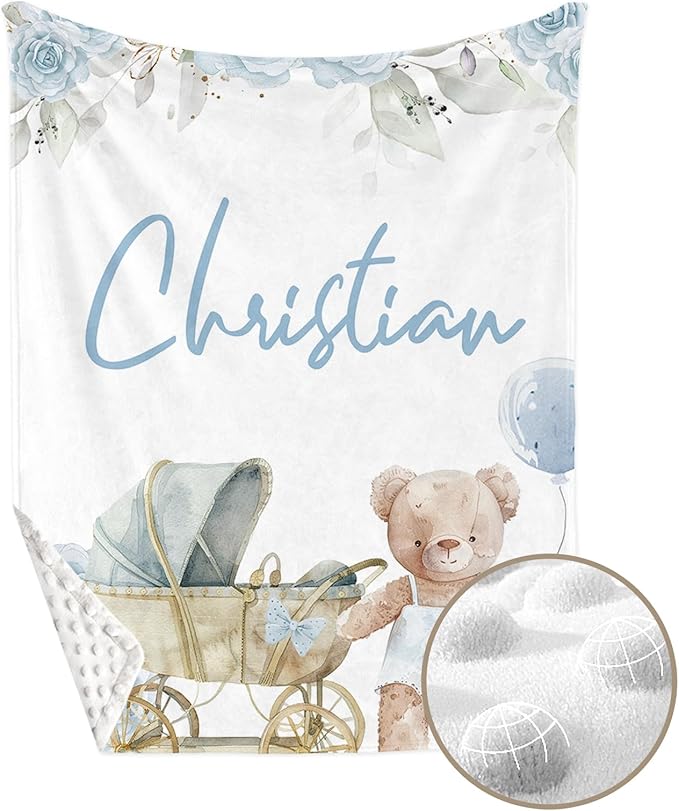 Personalized Baby Crib Bedding Set, Custom Name Bear Doll Design Baby Bedding 2-Pcs Set - Soft Double Layer Dotted Blanket and Fitted Sheet, Nursery Bedding for Newborn Boys Girls, Perfect Shower Gift
