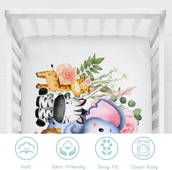 Baby Jungle Safari Animals Tropical Leaves Flowers Baby Crib Sheets 52''x28'' Stretchy Fitted Crib Mattress Sheet for Boy Girl Nursery Baby Crib Sheets for Standard Crib and Toddler Mattress