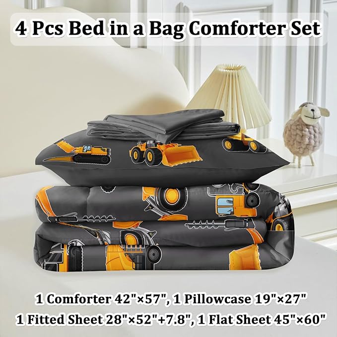 Toddler Bedding Set for Boys - 4-Piece Truck Bedding Comforter Set for Kids, Soft Comfort Construction Vehicle Bedding Includes Flat Sheet, Fitted Sheet, Comforter, Pillowcase