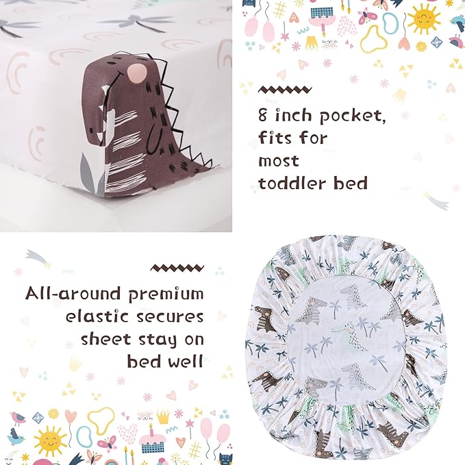 JSD Dinosaur Toddler Bedding Set, 4 Piece Bed-in-a-Bag Comforter Sheet Set, Machine Washable