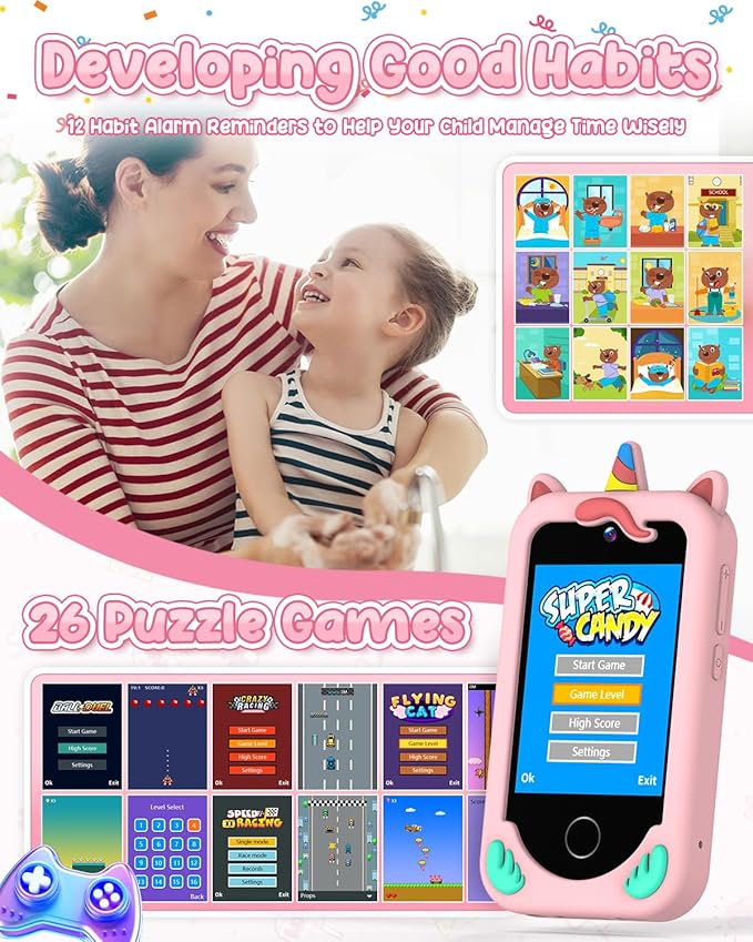 Kids' Phone Toy Imitate Smartphone Toy for 3-8 Year Old Girls & Boys - No Internet/Calls, HD Camera, MP3 Player, Learning Games | Christmas Birthday Gift for Toddlers (Pink)