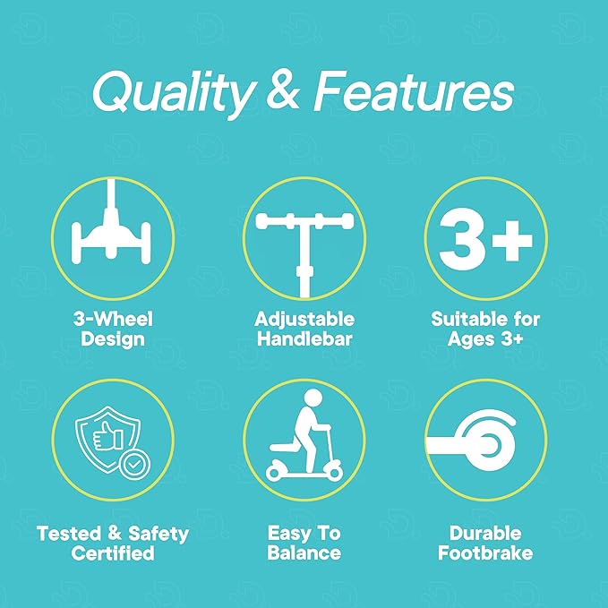 Dribbl 3-Wheel Kids Scooter - Lean-to-Steer Technology, Adjustable Height Handlebar, Wide Deck, Scooter for Boys & Girls Ages 3+, Child Safety Approved, Support Riders Up to 165 lbs, Aqua and Yellow