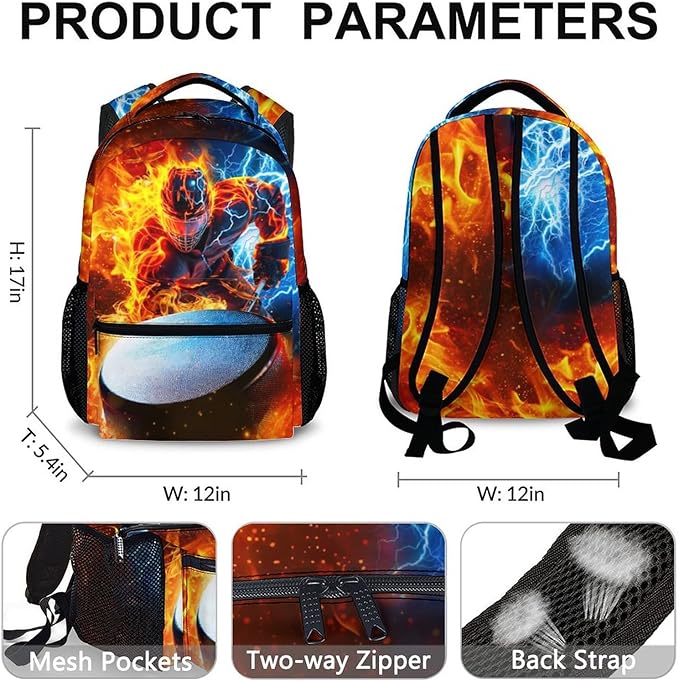 CustomWish Boys Backpack for School - Ice Hockey Backpacks for Kids Teens Elementary Middle Primary High Senior - 17 Inch Lightweight Large Capacity Sport Themed Bookbag Gift