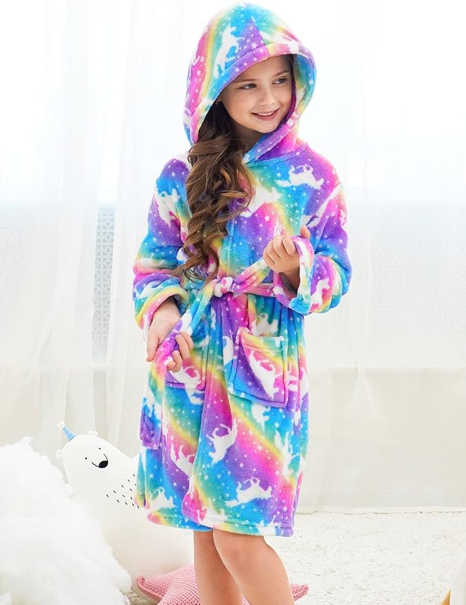 Doctor Unicorn Soft Hooded Rainbow Bathrobe Sleepwear for Girls