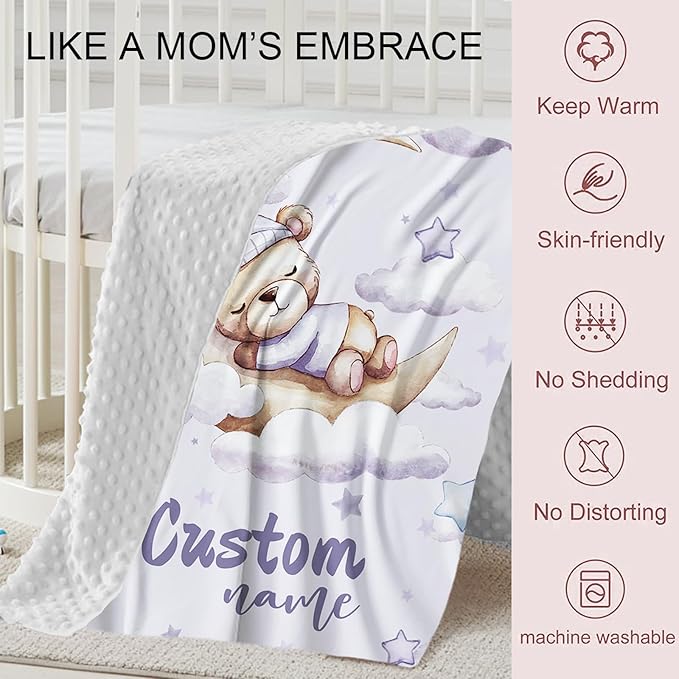 Personalized Baby Crib Bedding Set, Custom Name Moon Bear Baby Bedding 2-Pcs Set - Soft Double Layer Dotted Blanket and Fitted Sheet, Nursery Bedding for Newborn Boys Girls, Perfect Shower Gift
