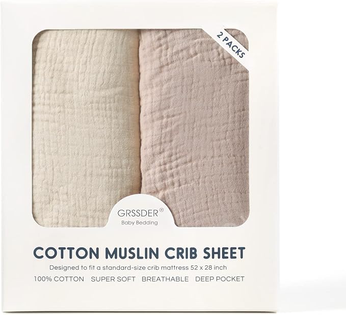 GRSSDER Soft Muslin Crib Sheet 2 Pack, 100% Cotton Crib Sheets for Boys and Girls, Fit Standard Crib Mattresses 52" x 28" Safe and Snug, Beige/Natural